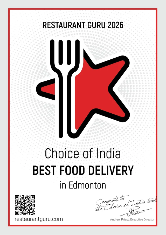 Restaurant Guru 2026 certificate: Choice of India, Best Food Delivery in Edmonton