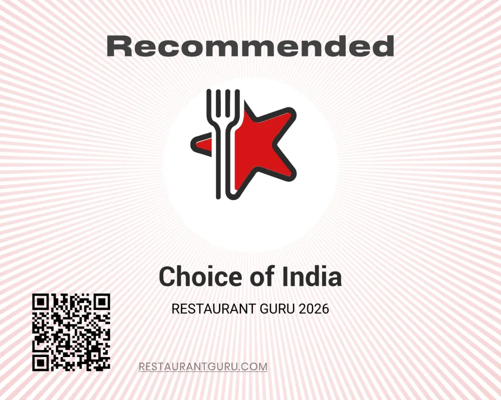 Restaurant Guru 2026 badge: Recommended, Choice of India