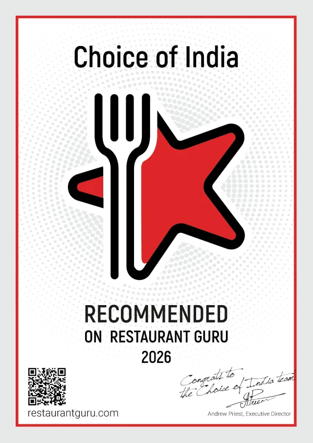 Restaurant Guru 2026 certificate: Choice of India, Recommended on Restaurant Guru